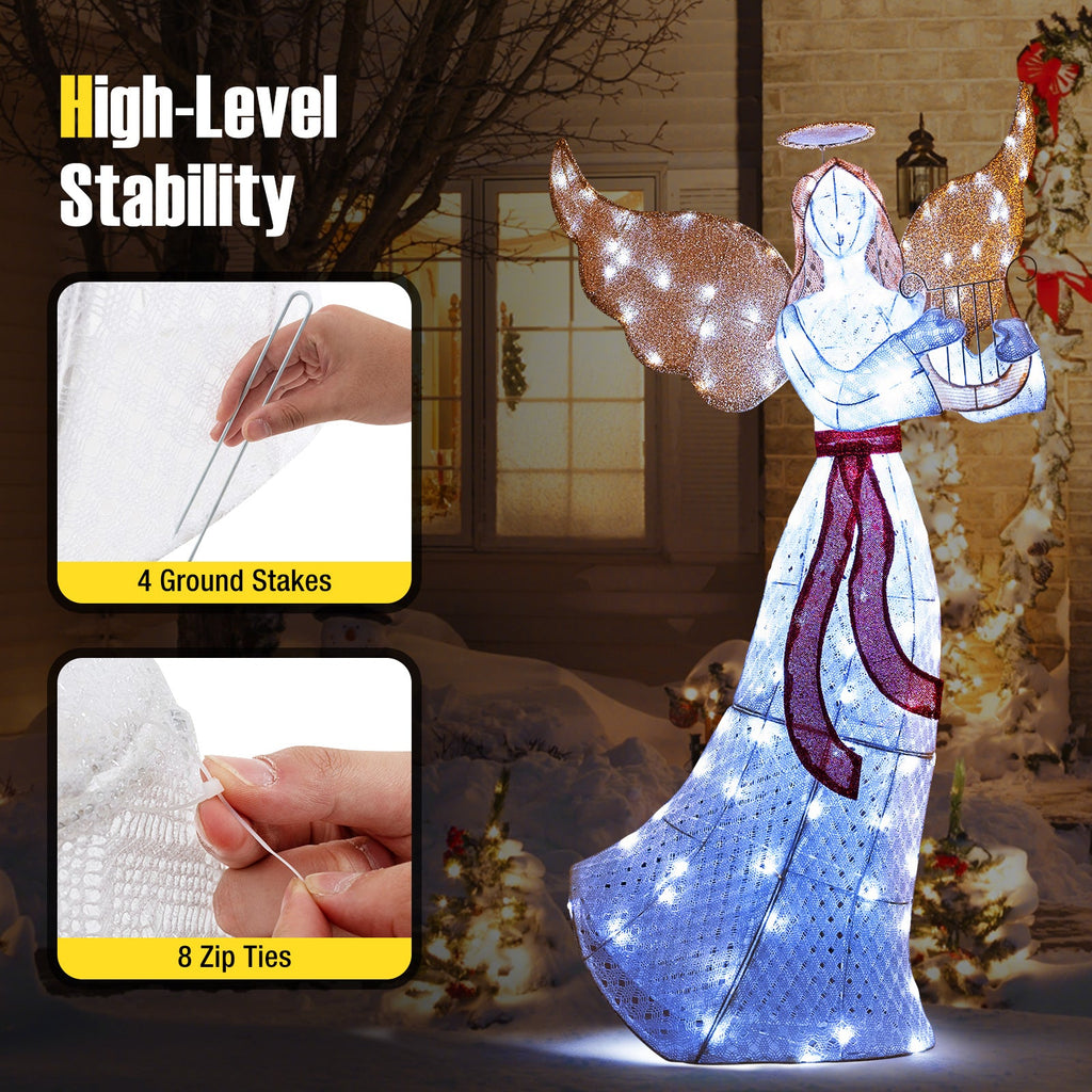 5 ft Christmas Lighted Angel with Harp and 120 Cold White LED Lights