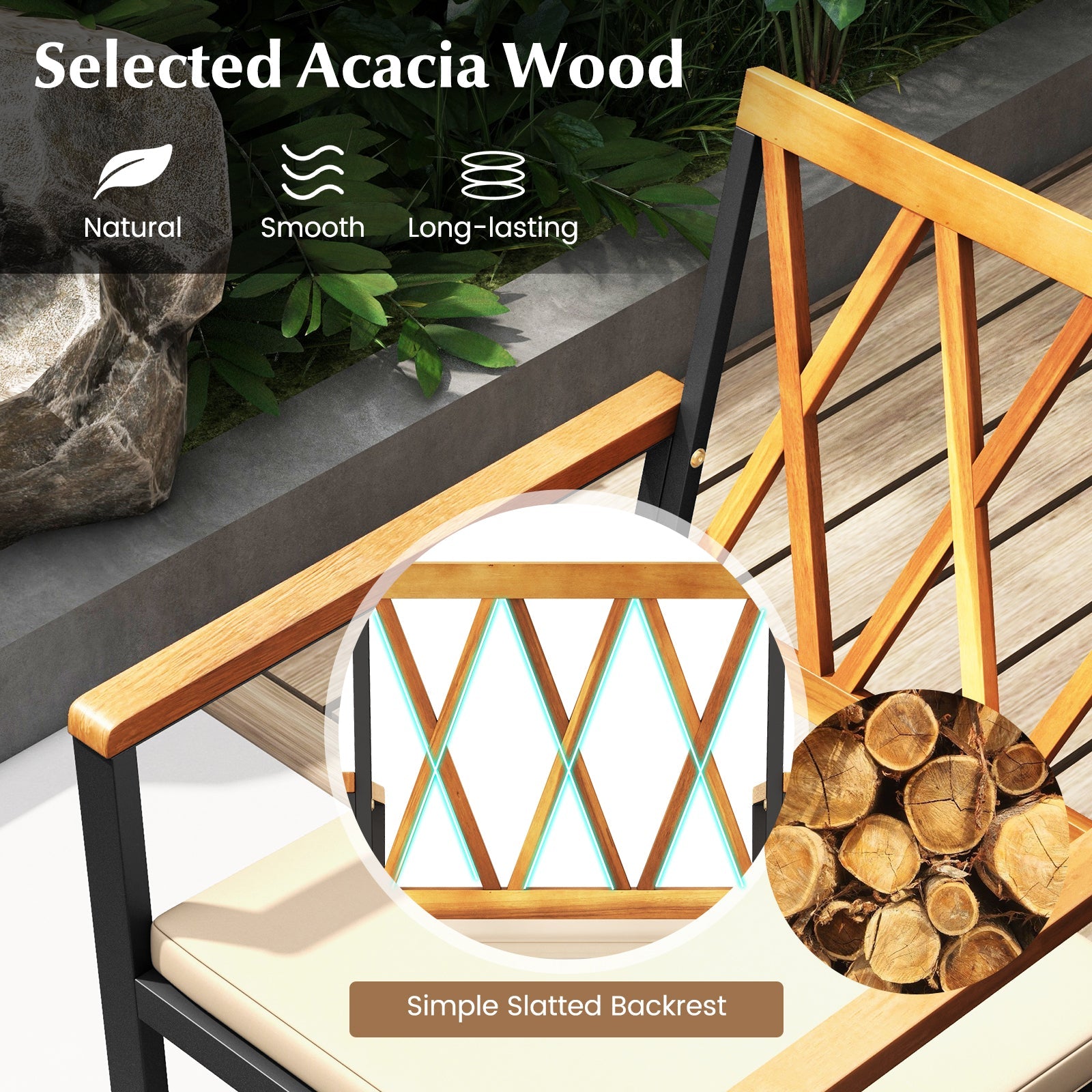 5 Piece Patio Acacia Wood Dining Set Solid Wooden Dining Furniture with Umbrella Hole