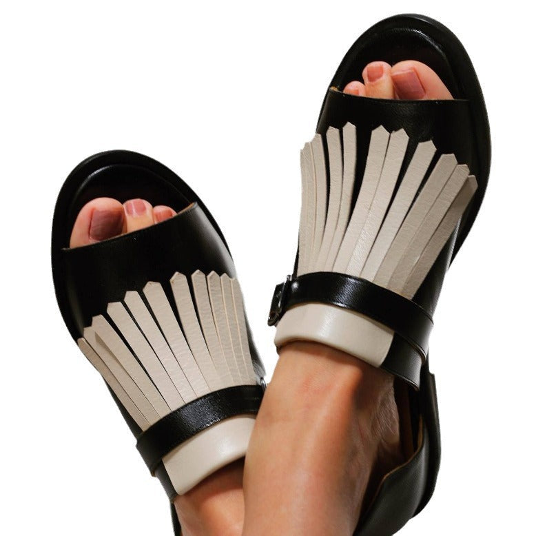 Summer Casual Flat Heel Tassel 40-43 Large Size Round Toe Beach Sandals For Women