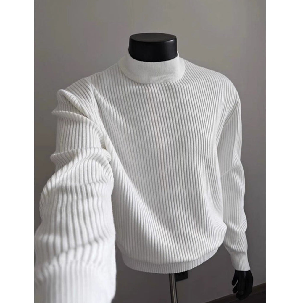 Mens White Ribbed Turtleneck Sweater Knitted Top
