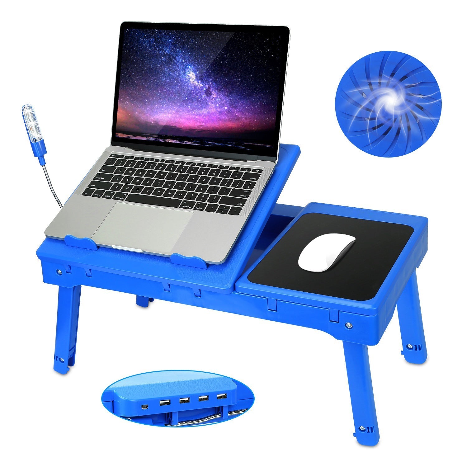 Foldable Laptop Table Bed Notebook Desk w/Cooling Fan Mouse Board LED light 4 x USB Ports Breakfast Snacking Tray with Storage Groove For Home Office