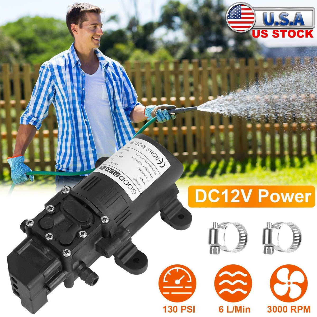 12V Water Pump with 2 Hose Clamps 130PSI Self Priming Sprayer Pump 70W Electric Diaphragm Water Pump 6L/Min for RV Camper Marine Boat