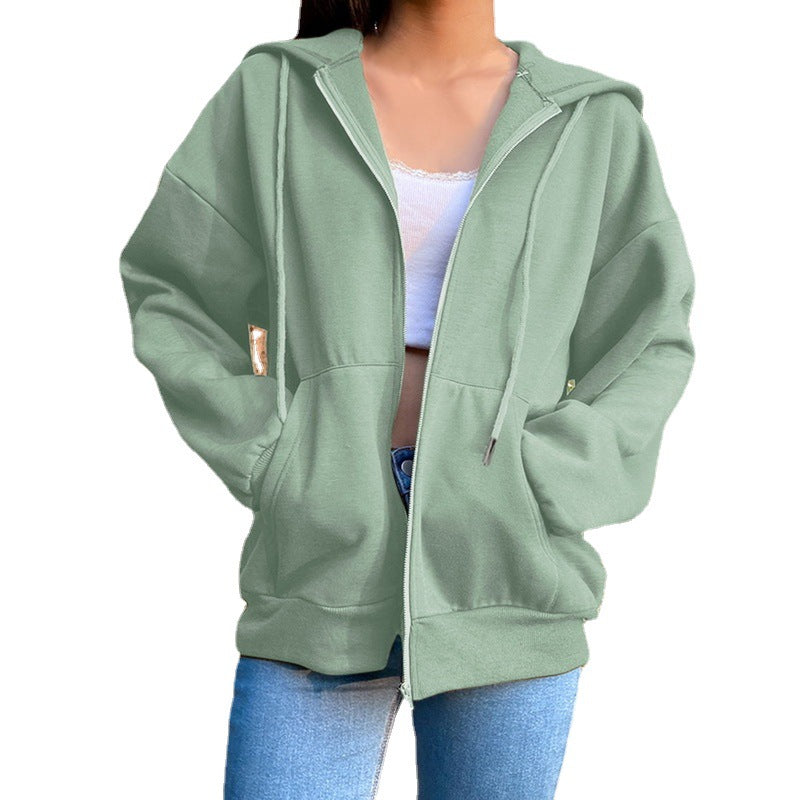 Women's Loose Zip Hooded Jacket – Casual Street Style Long Sleeve