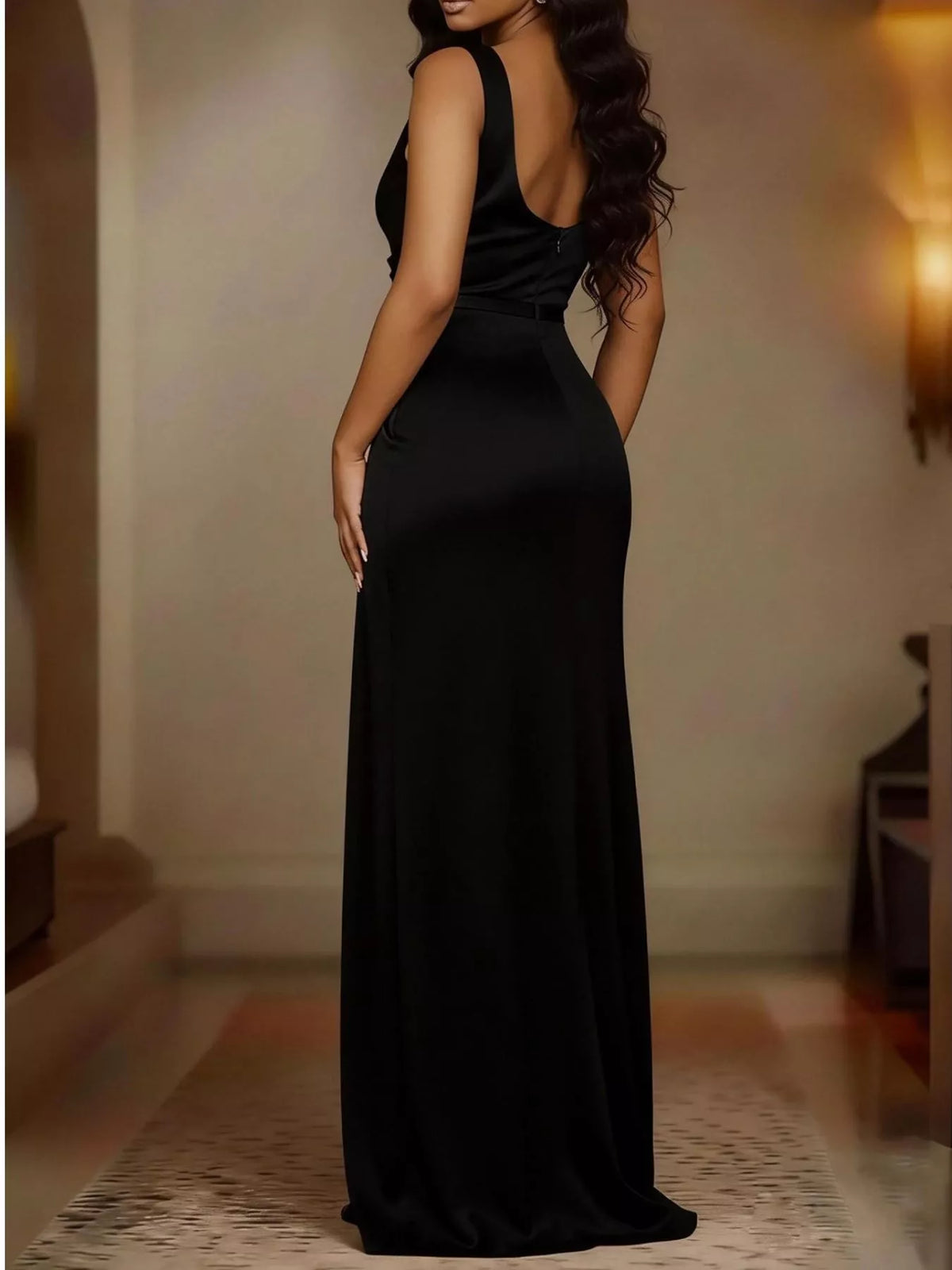 Satin Cowl Neck High Slit Maxi Dress
