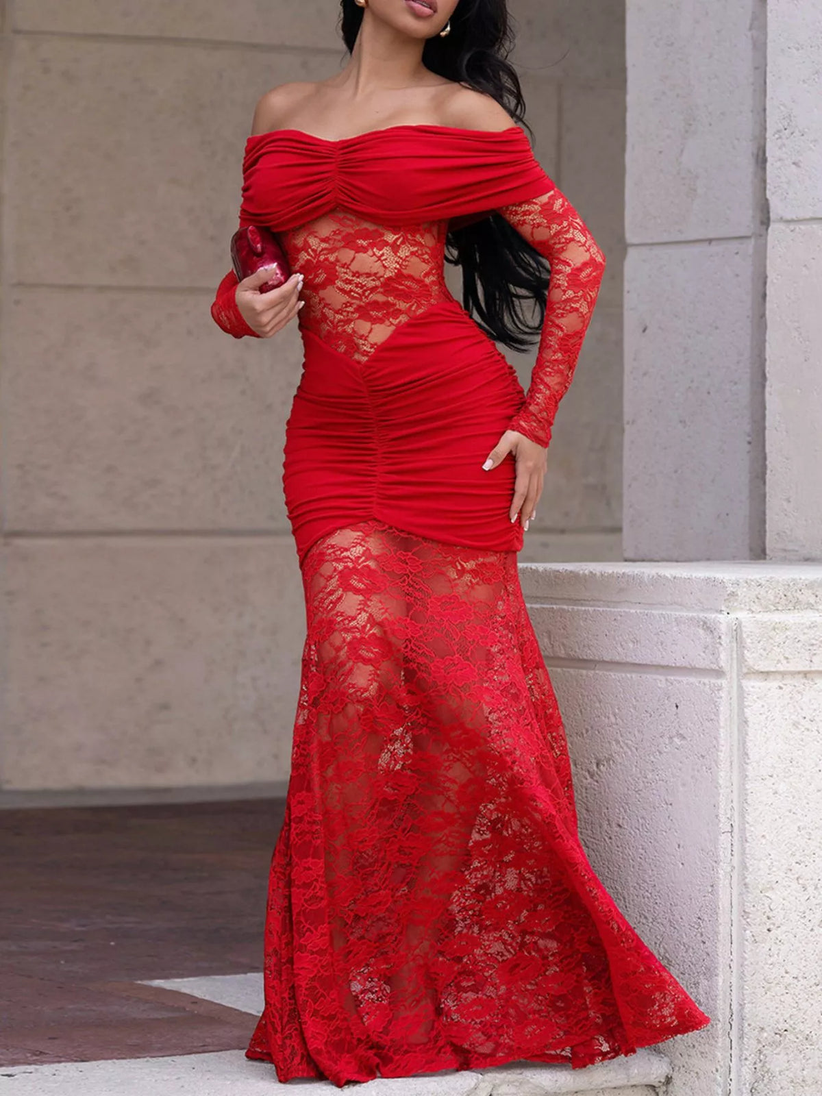 Off-Shoulder Ruched Lace Mermaid Maxi Dress