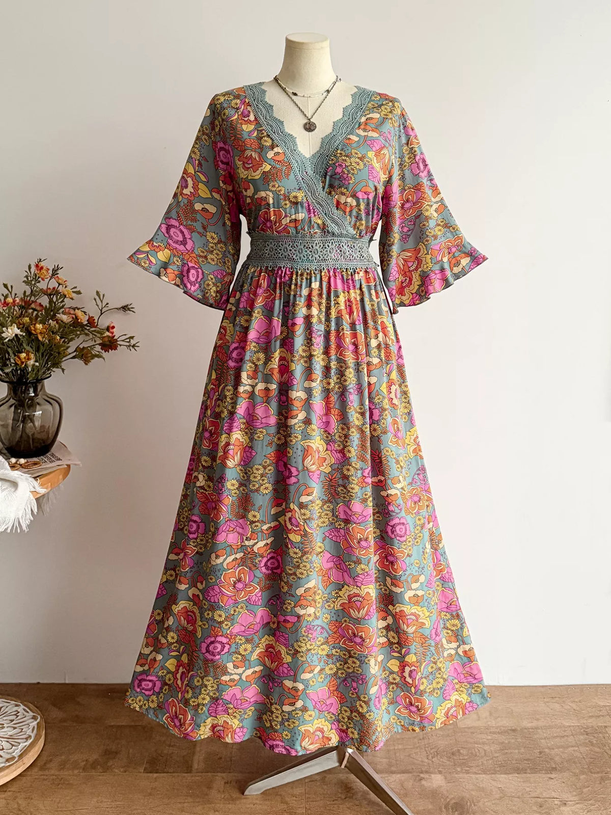 Lace Detail Floral Surplice Dress