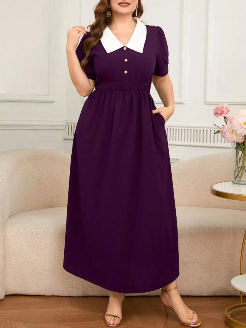Contrast Collar Short Sleeve Dress