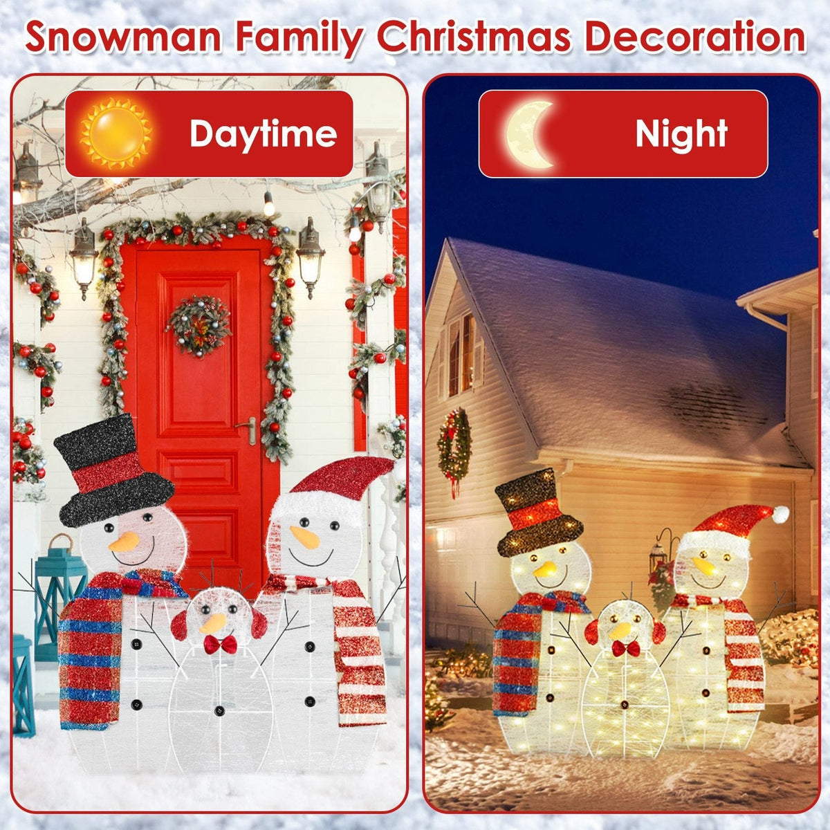 3Pcs 2D Christmas Snowman Yard Decoration Snowman Family Outdoor Decoration With 60Pcs LED Warm Yellow Lights IP44 Waterproof For Christmas Indoor Out