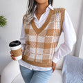 Color-block Plaid Knitted Vest Sweater Waistcoat For Women