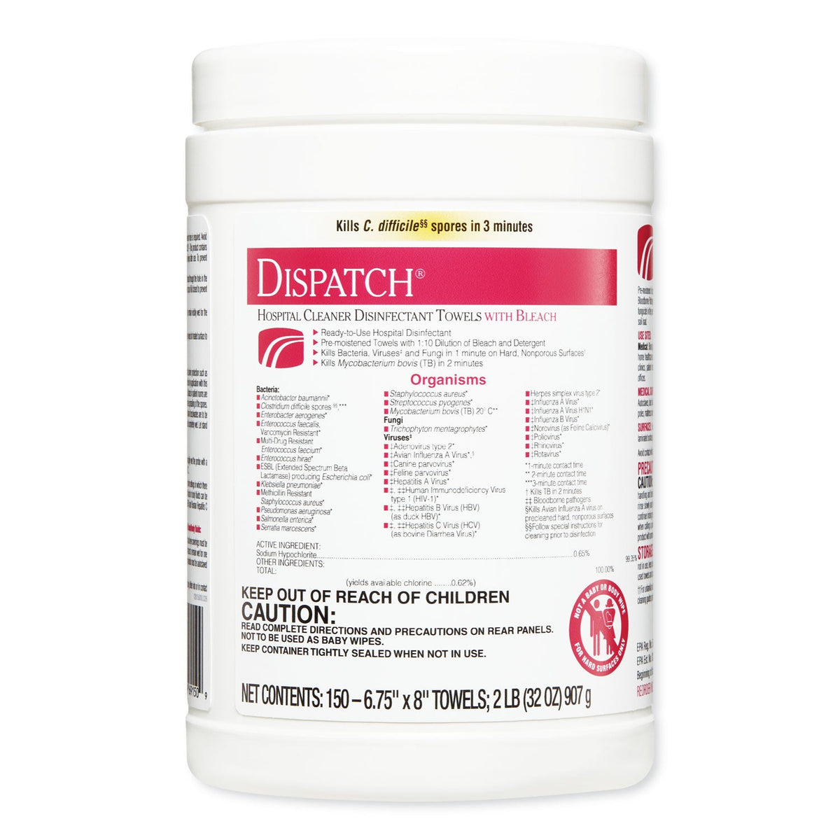 Clorox Dispatch Cleaner Disinfectant Towels, 6.75 x 8, Unscented, 150/Canister, 8 Canisters/Carton