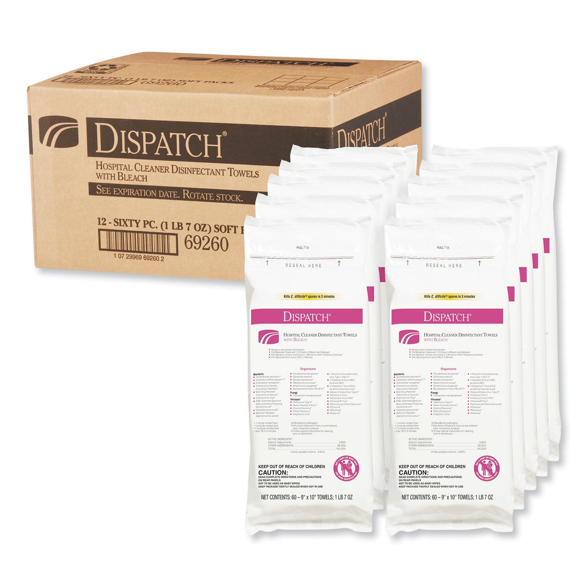 Clorox Dispatch Cleaner Disinfectant Towels with Bleach, 9 x 10, Unscented, 60/Pack, 12 Packs/Carton