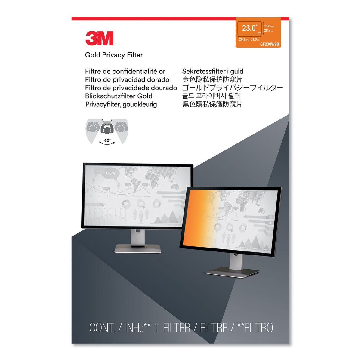3M Gold Frameless Privacy Filter For 23.8" Widescreen Monitor, 16:9 Aspect Ratio