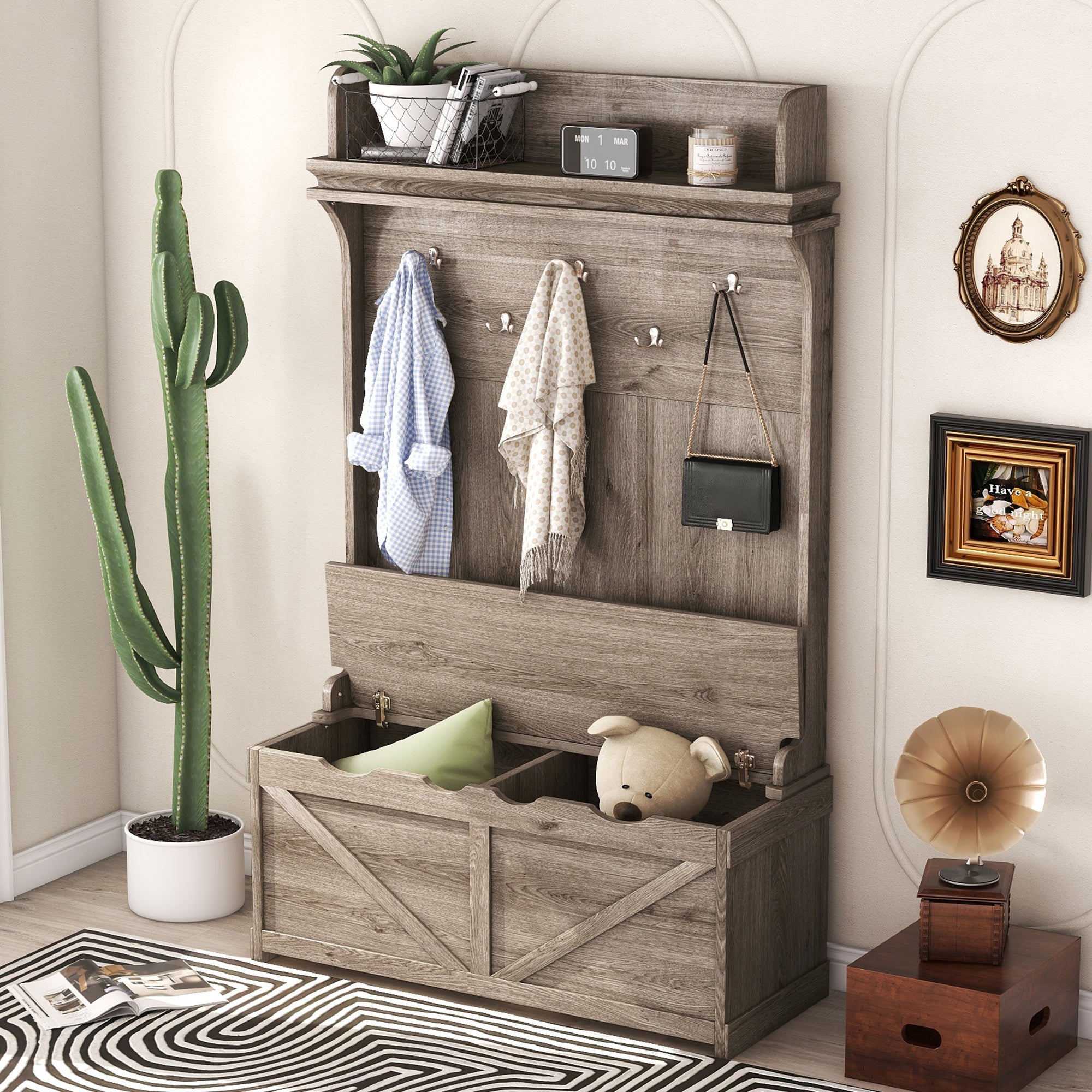 Hall tree with storage desk, entrance desk with drawers and 5 hooks, display rack,Oak