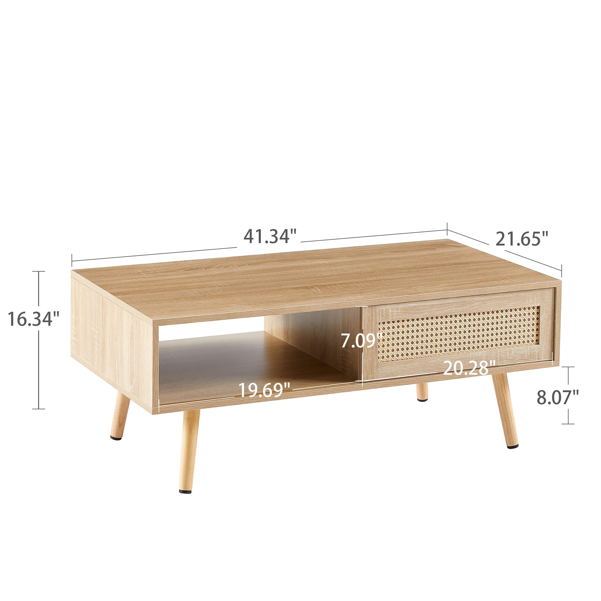 41.34" Rattan Coffee table sliding door for storage solid wood legs Modern table for living room  natural