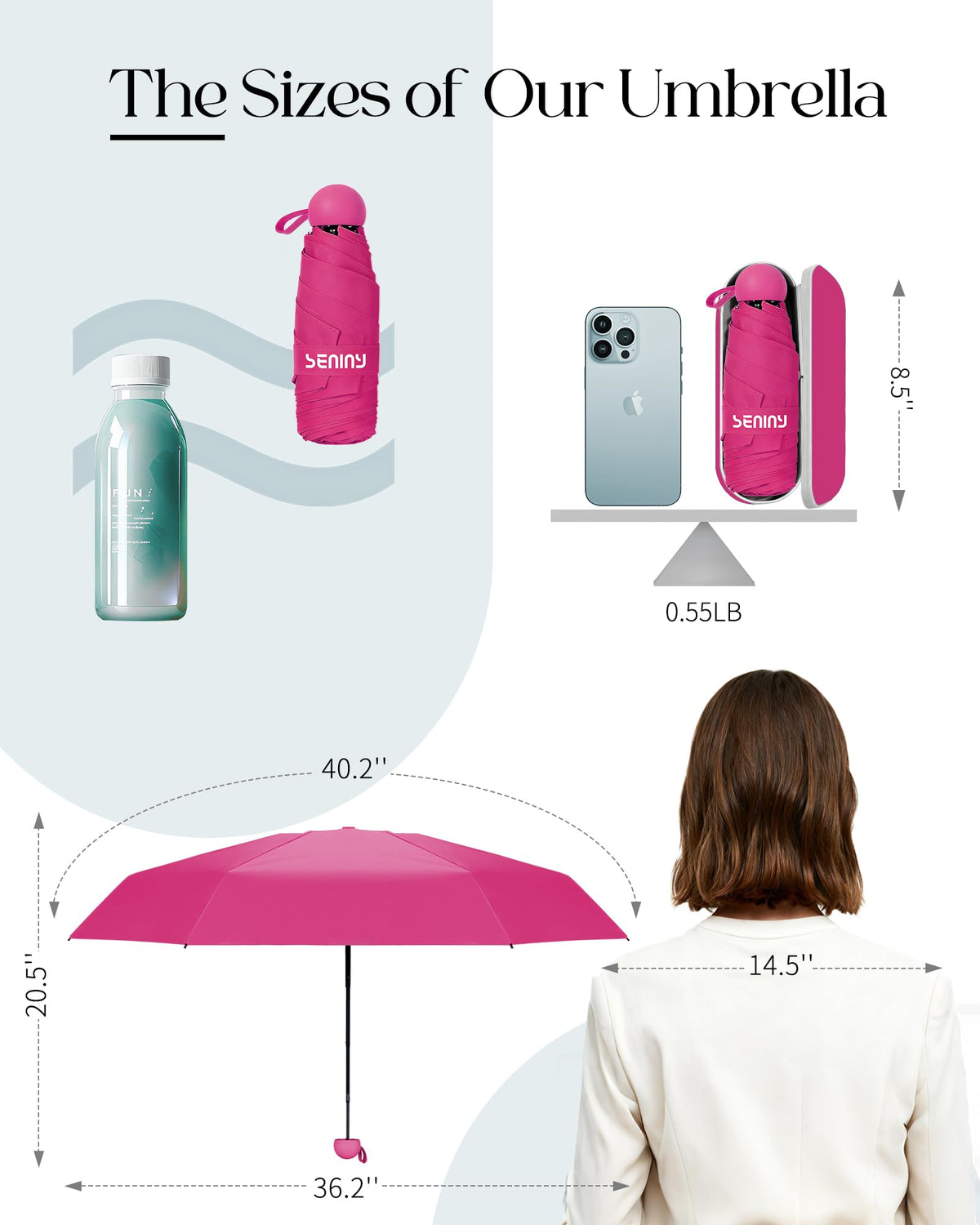 Seniny Mini Travel Umbrella with Case, Compact Pocket Size UV Sun & Rain