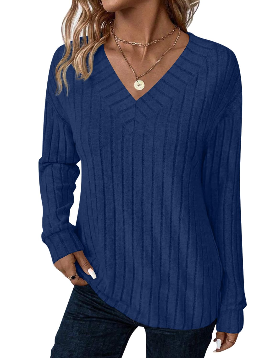 JUSTFASHIONNOW Long Sleeve V Neck Shirts for Women Lightweight Sweaters