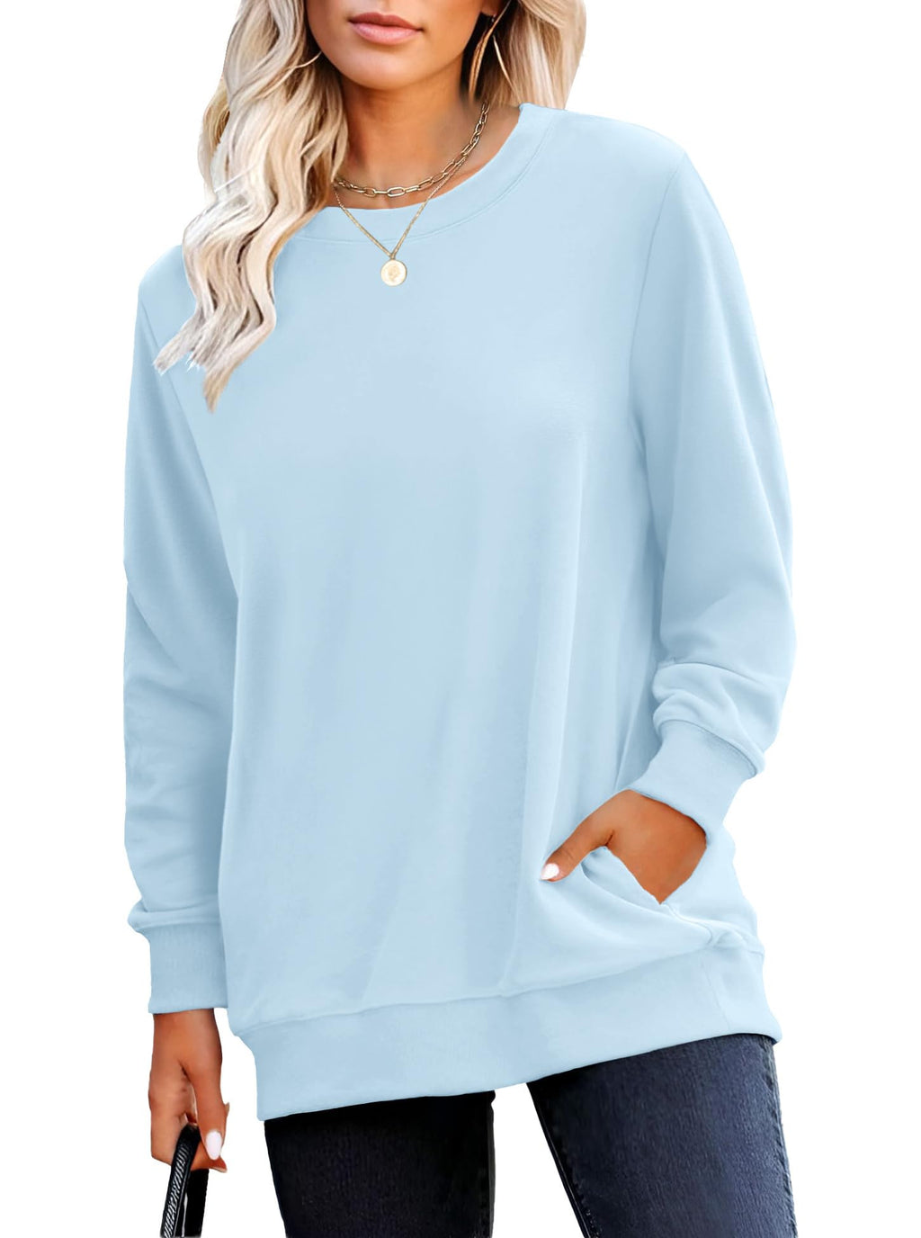 RUMIA Crewneck Fall Sweatshirt for Women Plain Long Sleeve Top with Pocket