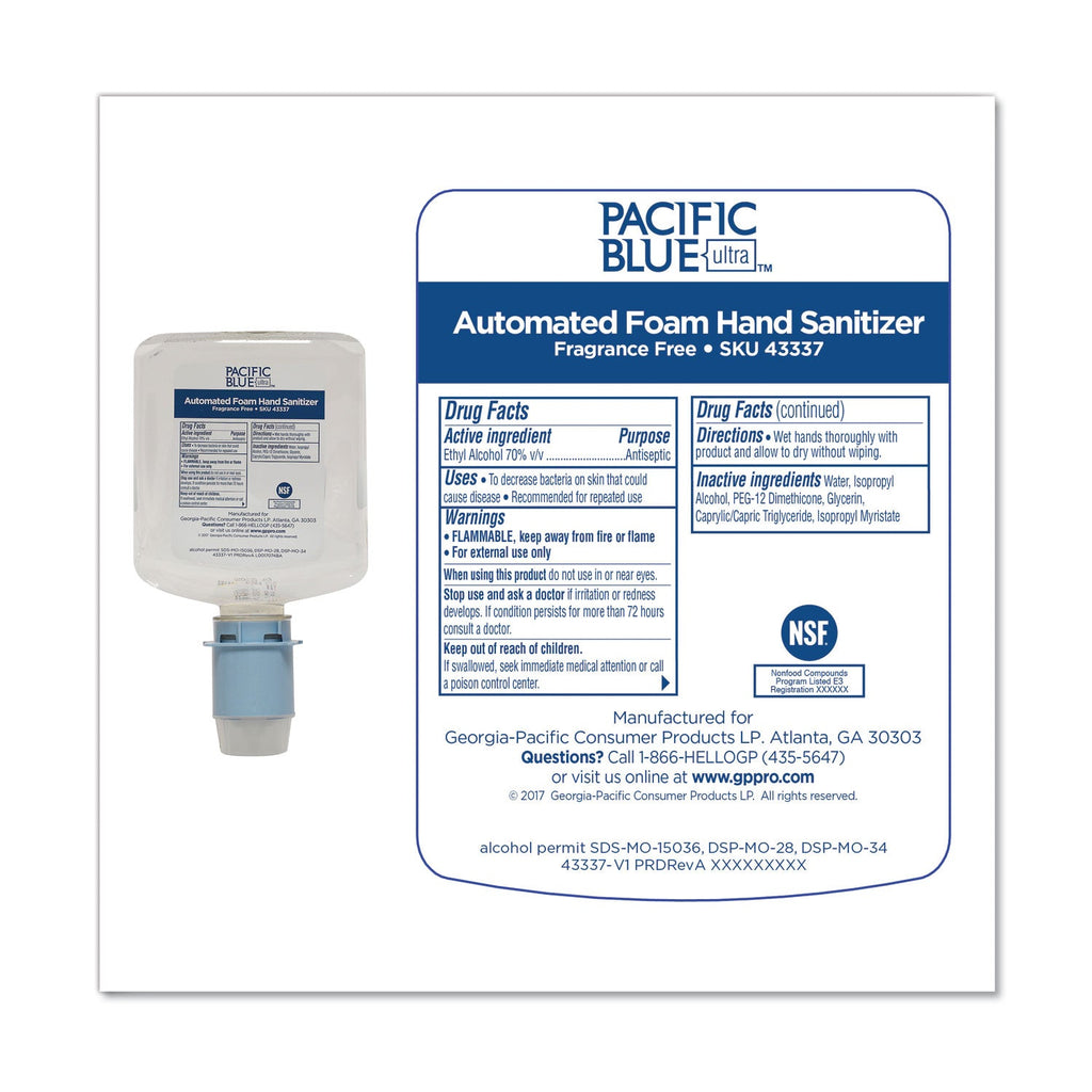 Georgia Pacific Pacific Blue Ultra Automated Sanitizer Dispenser Refill Foam Hand Sanitizer, 1,000 mL Bottle, Fragrance-Free, 3/Carton