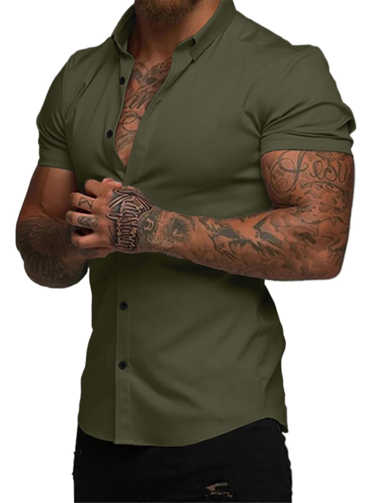 JMIERR Men's Muscle Fit High Stretch Wrinkle-Free Button Down Dress Shirts Summer Casual Short Sleeve Shirt