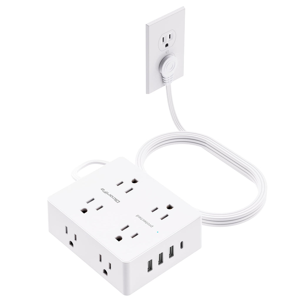Olcorife Flat Plug Power Strip with 10 FT Extension Cord, 8 Outlets 4 USB Ports(1 USB C), 3 Sided Outlet Extender for Home Office Travel Dorm Room Essentials, White