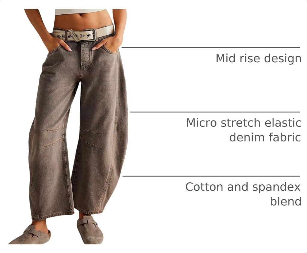 Womens Stretchy Mid Rise Barrel Jeans Vintage Loose Wide Leg Cropped Denim Pants Y2k Baggy Boyfriend Jeans
