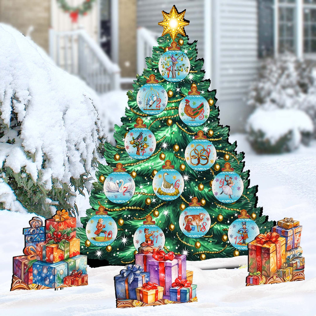 Twelve Days-Themed Christmas Tree Outdoor Indoor Decor Wooden Christmas Decoration by G. Debrekht Christmas Decor - 8191502F-G-S12
