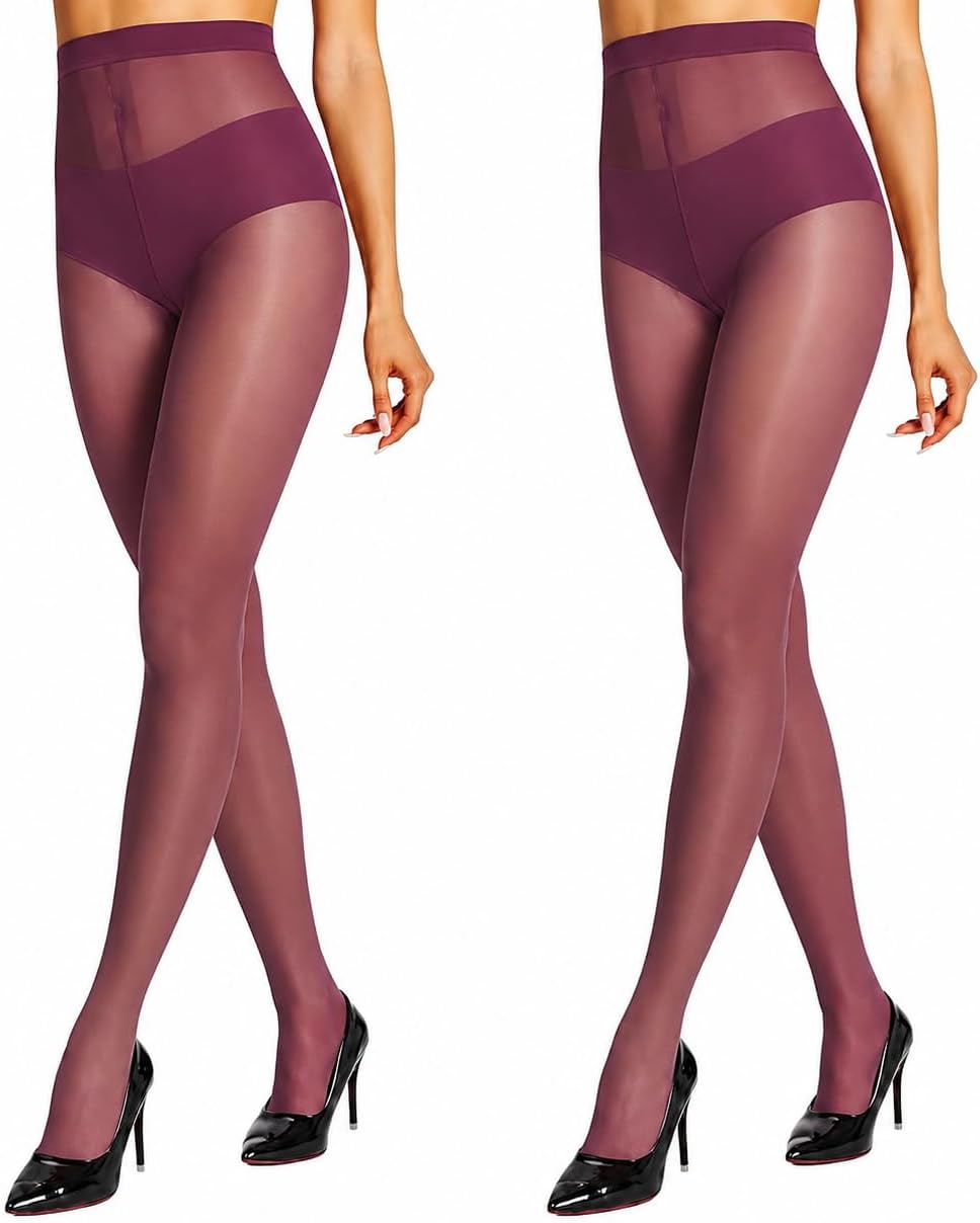 HONENNA Sheer Tights for Women 2 Pairs Ultra Thin Reinforced T Crotch Control Top Pantyhose Stockings