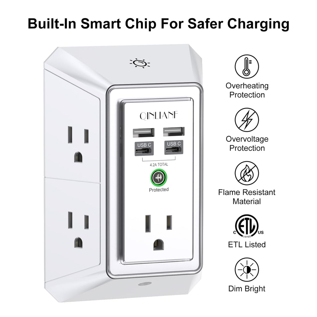 Wall Charger, Surge Protector, QINLIANF 5 Outlet Extender with 4 USB Ports