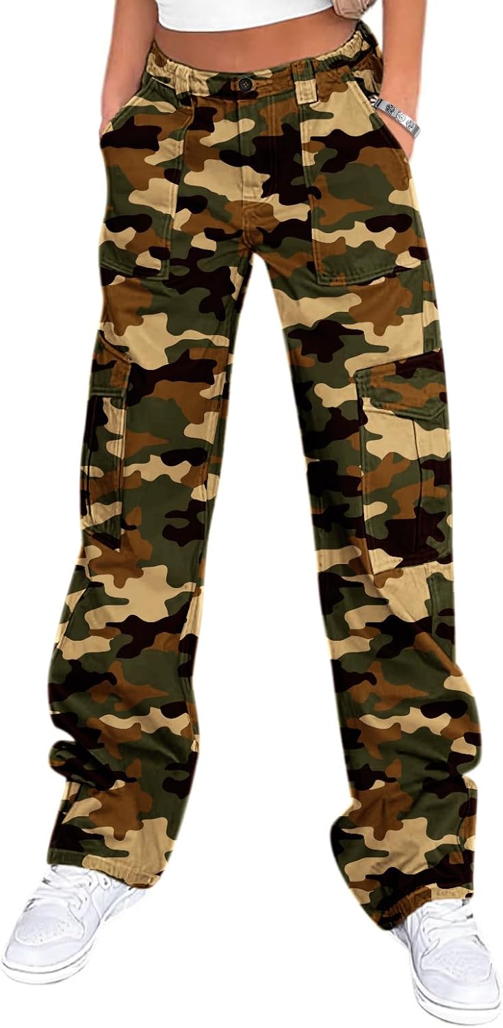 Lepunuo Cargo Pants for Women High Waisted Casual Pants Baggy Stretchy Wide Leg Y2K Streetwear with 6 Pockets