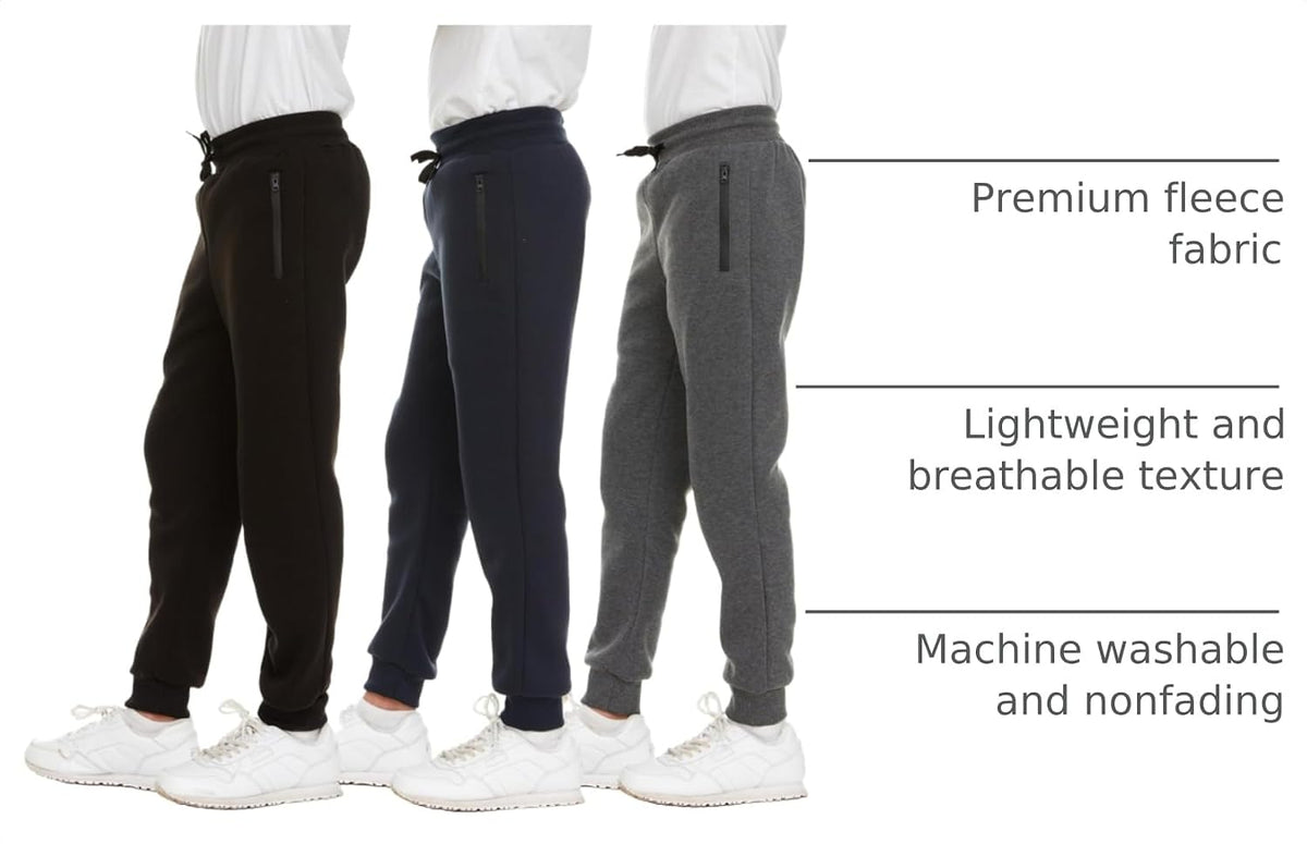 PURE CHAMP 3Pk Boys Sweatpants Fleece Athletic Workout Kids Clothes Boys Joggers with Zipper Pocket and Drawstring Size 4-20