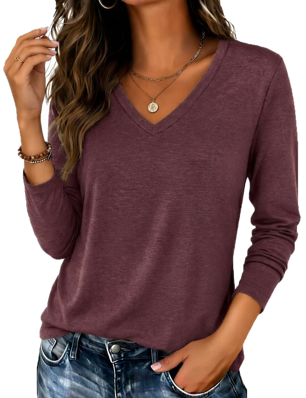 Zeagoo Womens Shirts Long Sleeve Tops V Neck Casual Basic Tee Fall Outfits