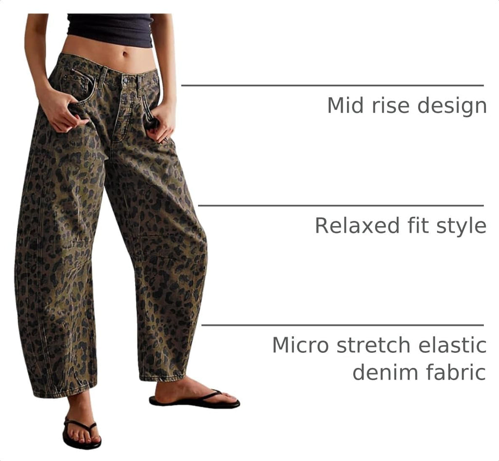 Womens Stretchy Mid Rise Barrel Jeans Vintage Loose Wide Leg Cropped Denim Pants Y2k Baggy Boyfriend Jeans