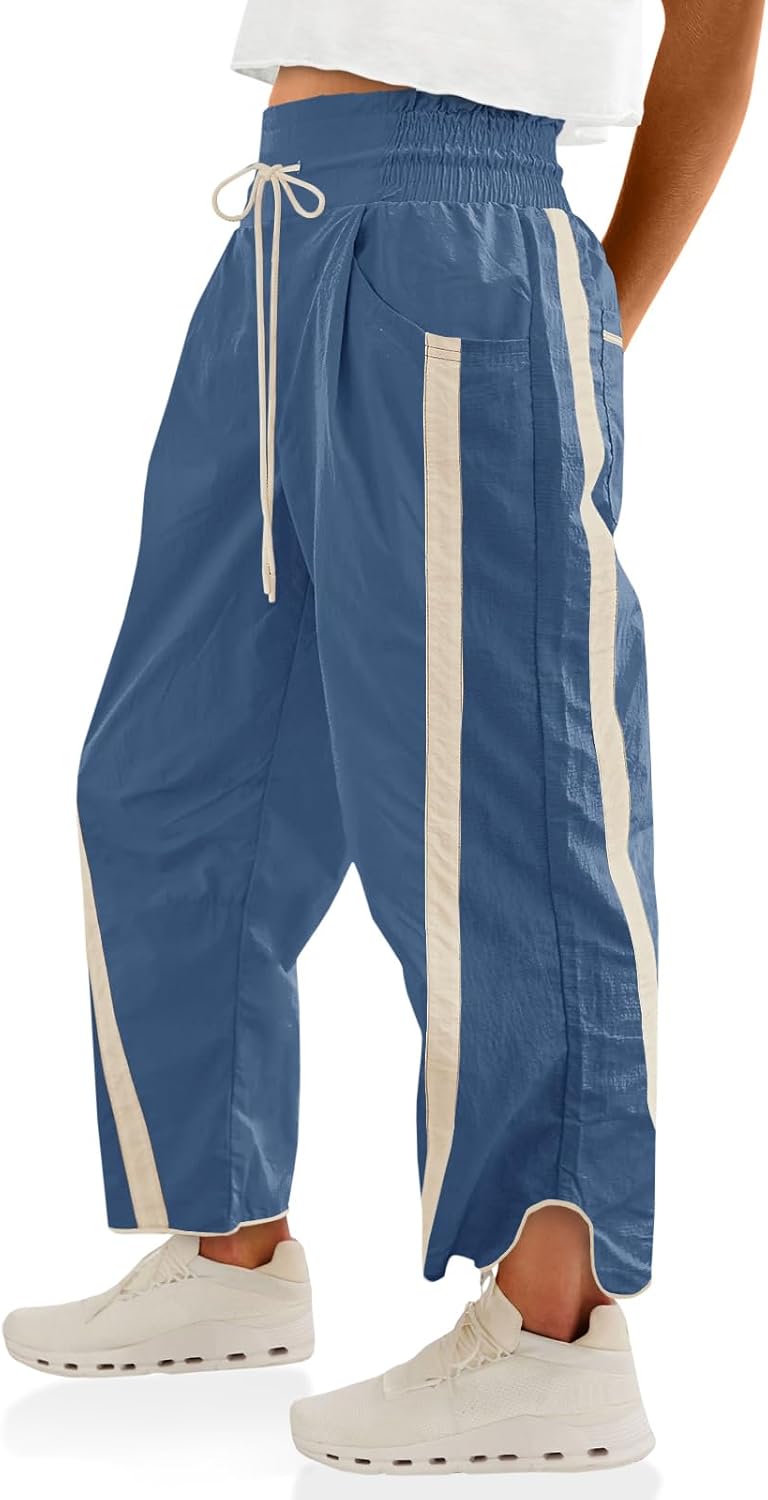 Fisoew Women's Baggy Wide Leg Pants Casual Drawstring Elastic Waisted Contrast Color Workout Y2K Track Pants