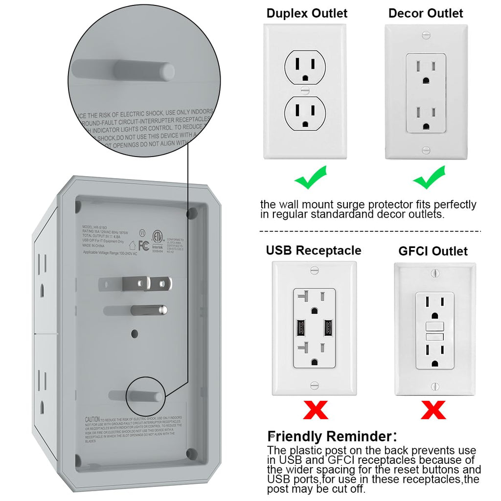 Wall Charger, Surge Protector, QINLIANF 5 Outlet Extender with 4 USB Ports