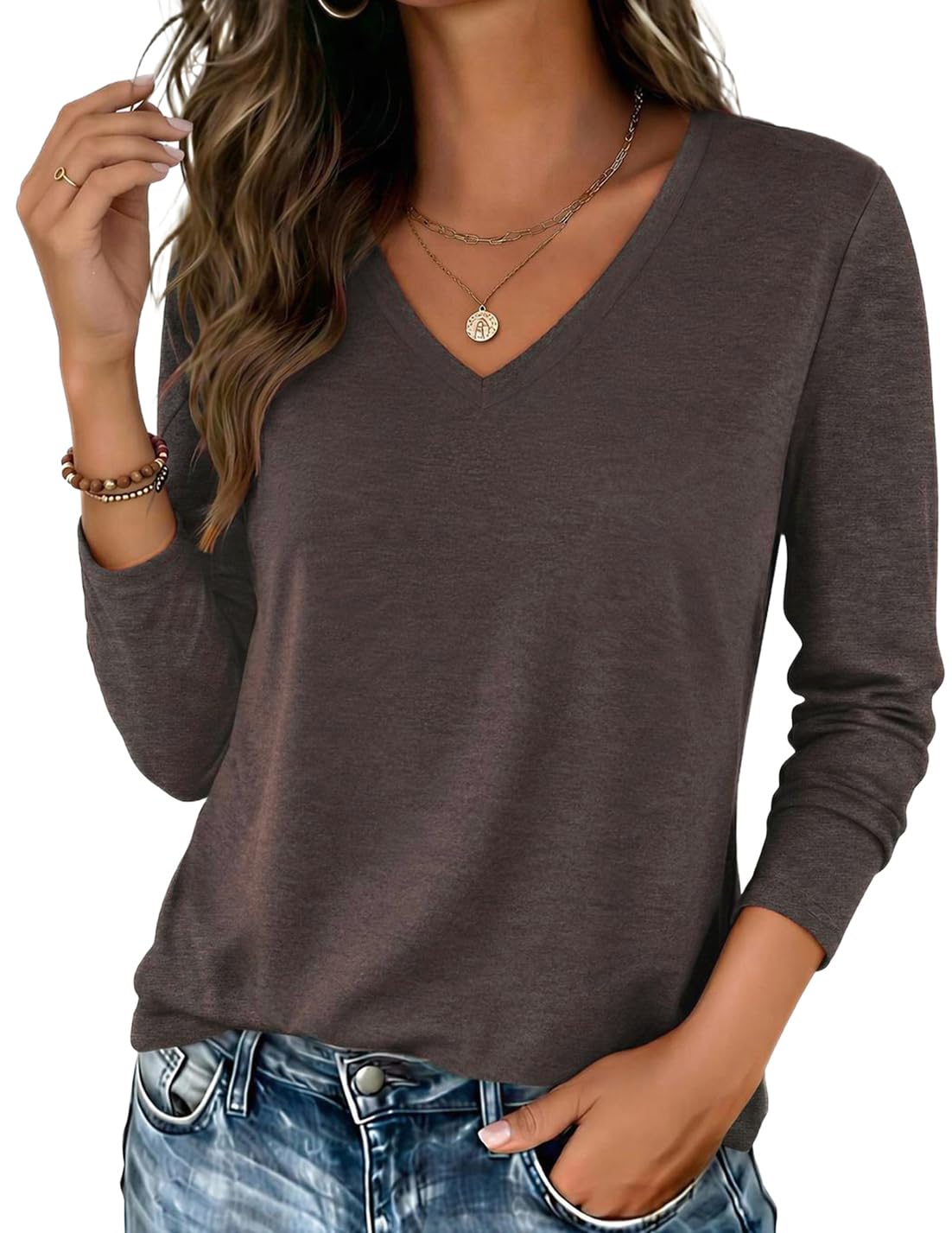 Zeagoo Womens Shirts Long Sleeve Tops V Neck Casual Basic Tee Fall Outfits