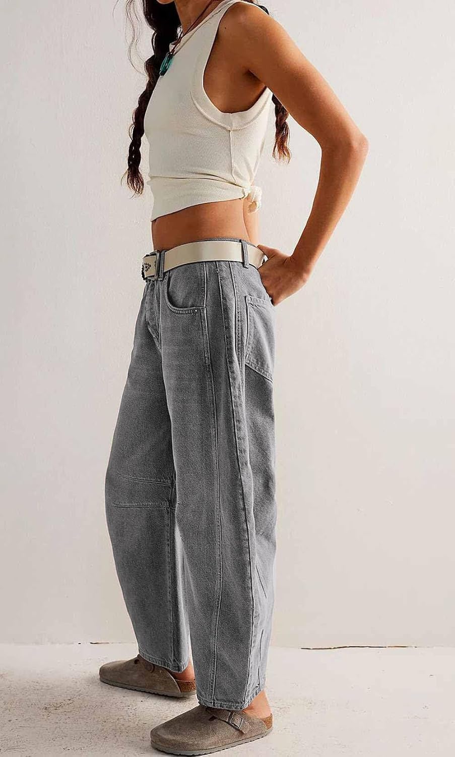Womens Stretchy Mid Rise Barrel Jeans Vintage Loose Wide Leg Cropped Denim Pants Y2k Baggy Boyfriend Jeans