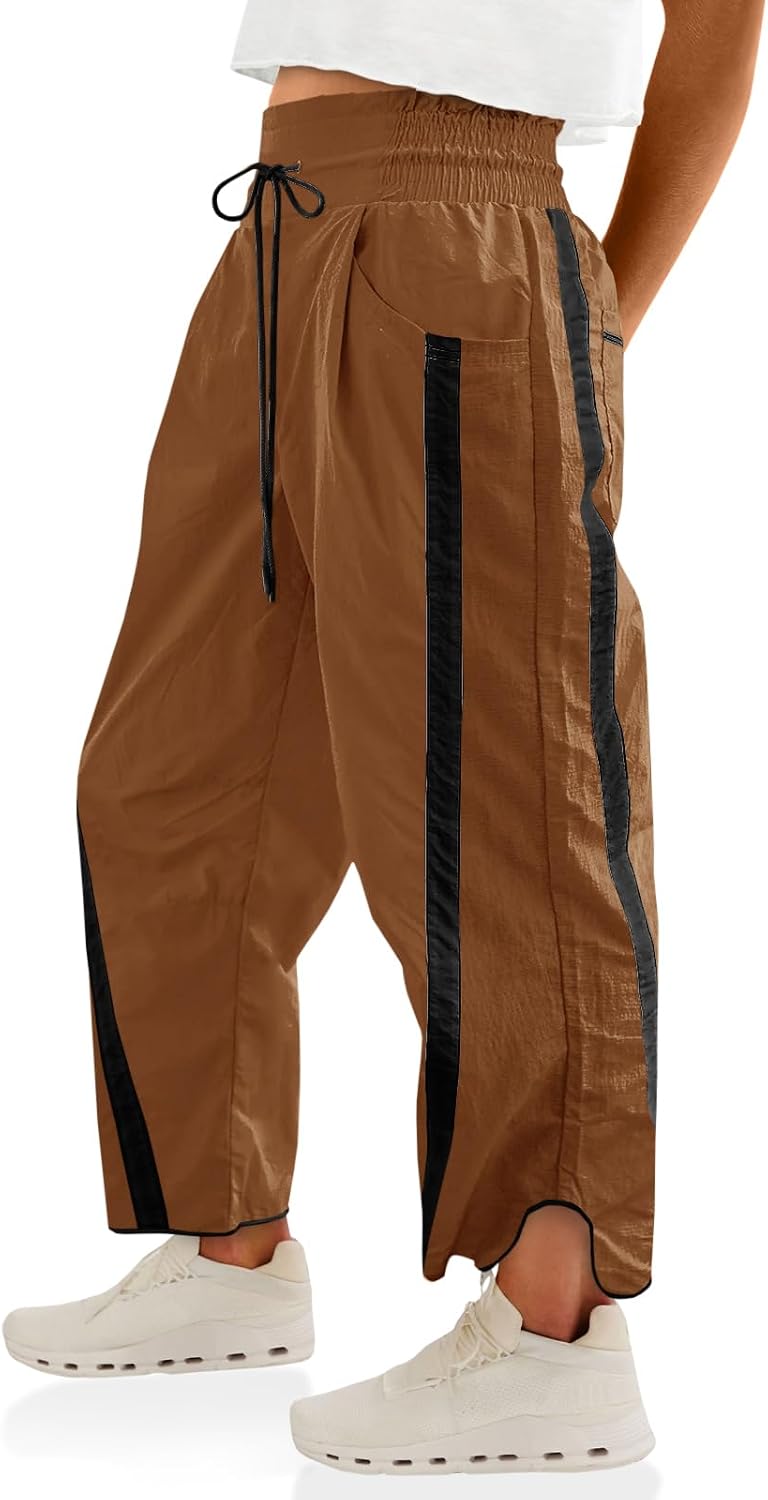 Fisoew Women's Baggy Wide Leg Pants Casual Drawstring Elastic Waisted Contrast Color Workout Y2K Track Pants