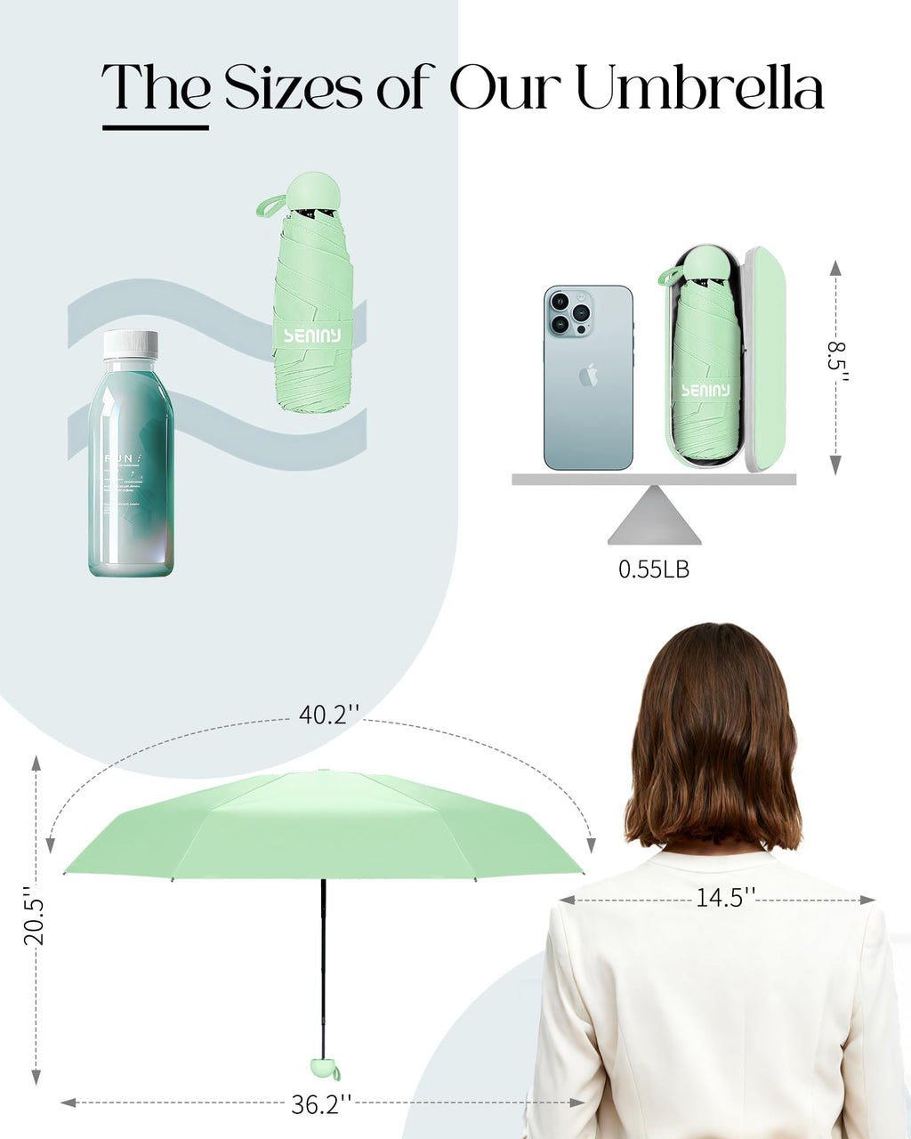 Seniny Mini Travel Umbrella with Case, Compact Pocket Size UV Sun & Rain