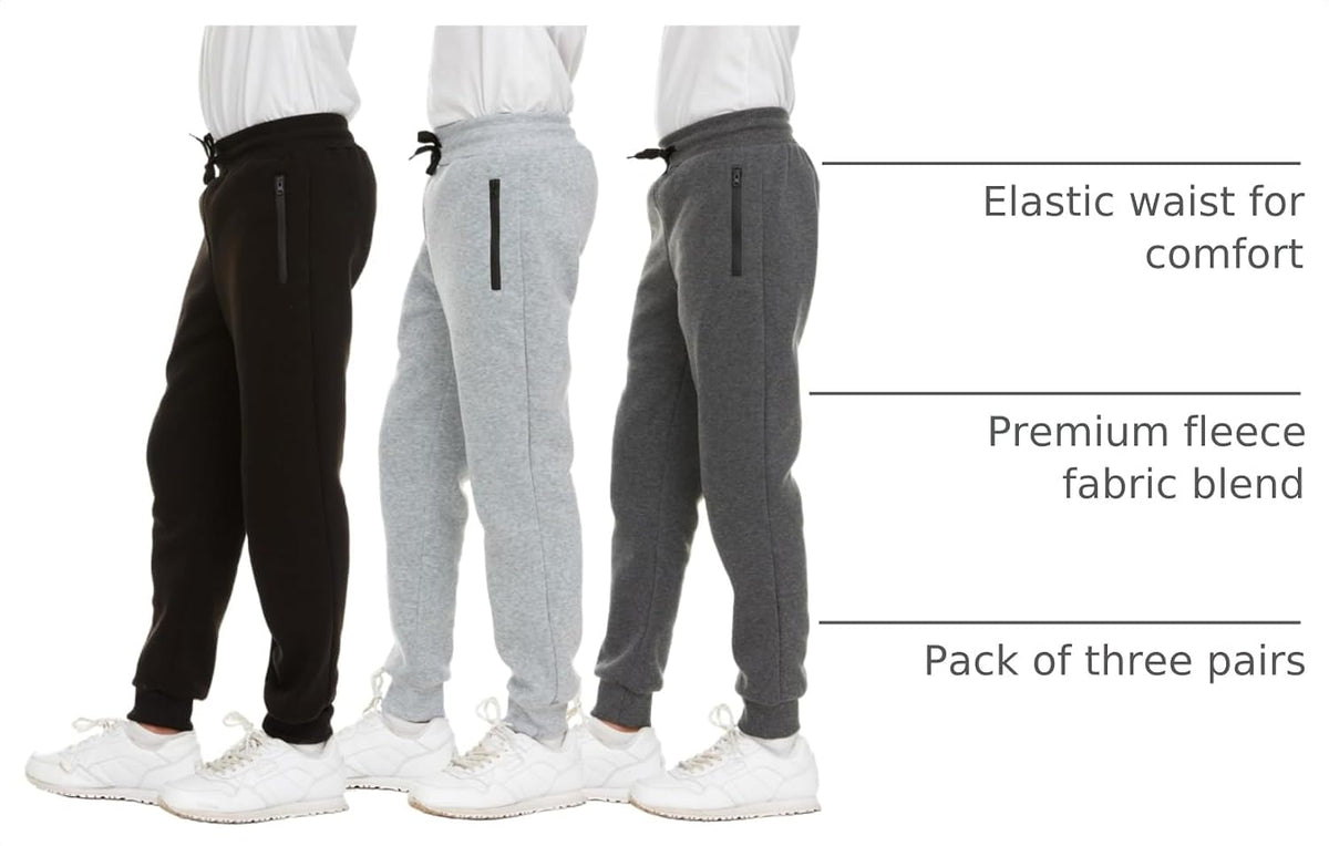 PURE CHAMP 3Pk Boys Sweatpants Fleece Athletic Workout Kids Clothes Boys Joggers with Zipper Pocket and Drawstring Size 4-20