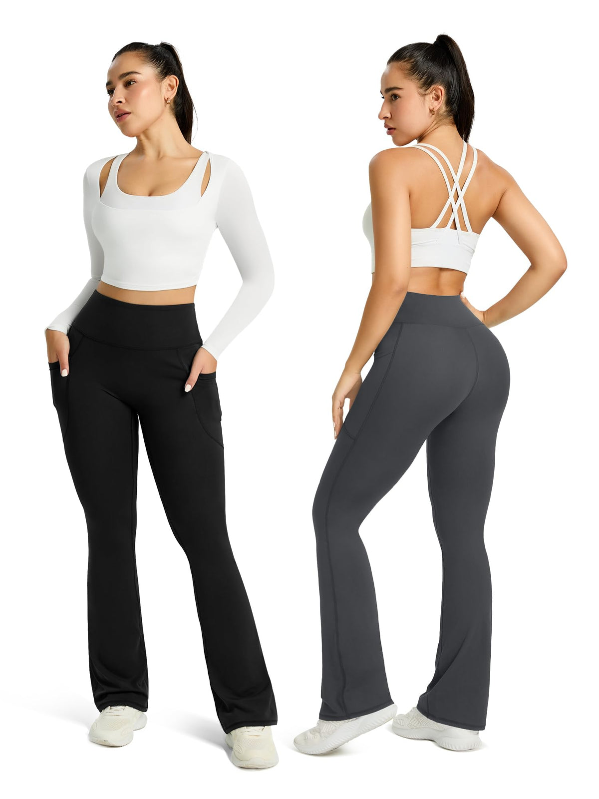 Womens Flared Yoga Pants with Pockets, High Waisted Flare Leggings Bell Bottom Bootcut Yoga Dress Pants