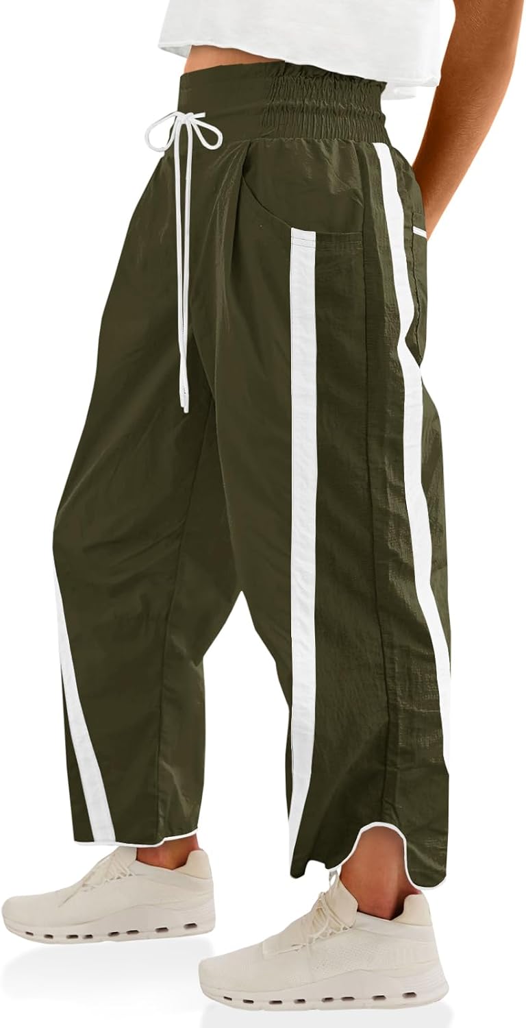 Fisoew Women's Baggy Wide Leg Pants Casual Drawstring Elastic Waisted Contrast Color Workout Y2K Track Pants