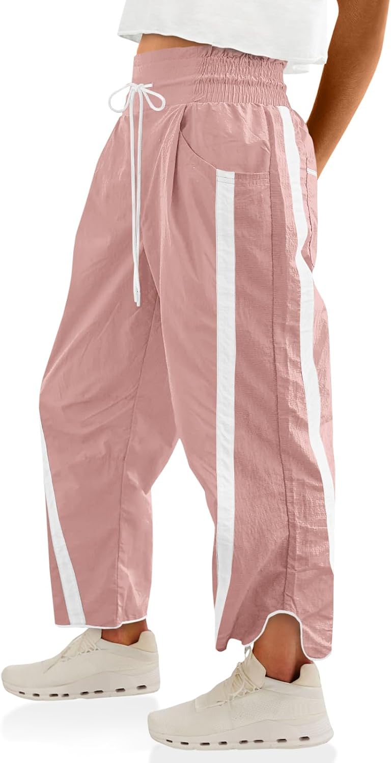 Fisoew Women's Baggy Wide Leg Pants Casual Drawstring Elastic Waisted Contrast Color Workout Y2K Track Pants