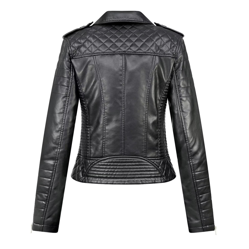 Turn-down Collar Motorcycle PU Leather Jacket Womens