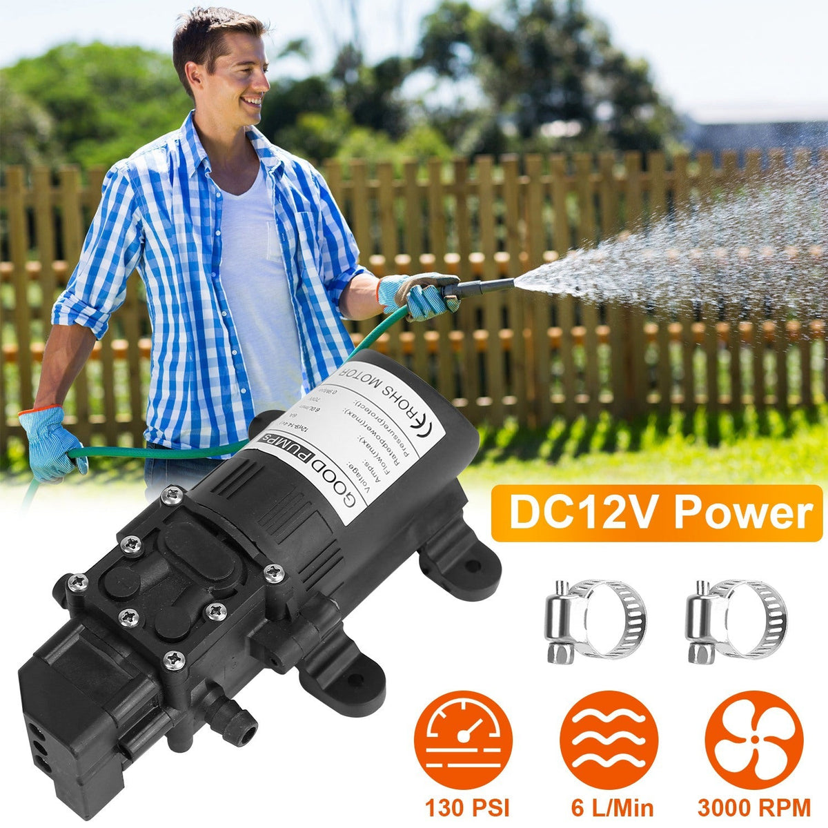 12V Water Pump with 2 Hose Clamps 130PSI Self Priming Sprayer Pump 70W Electric Diaphragm Water Pump 6L/Min for RV Camper Marine Boat