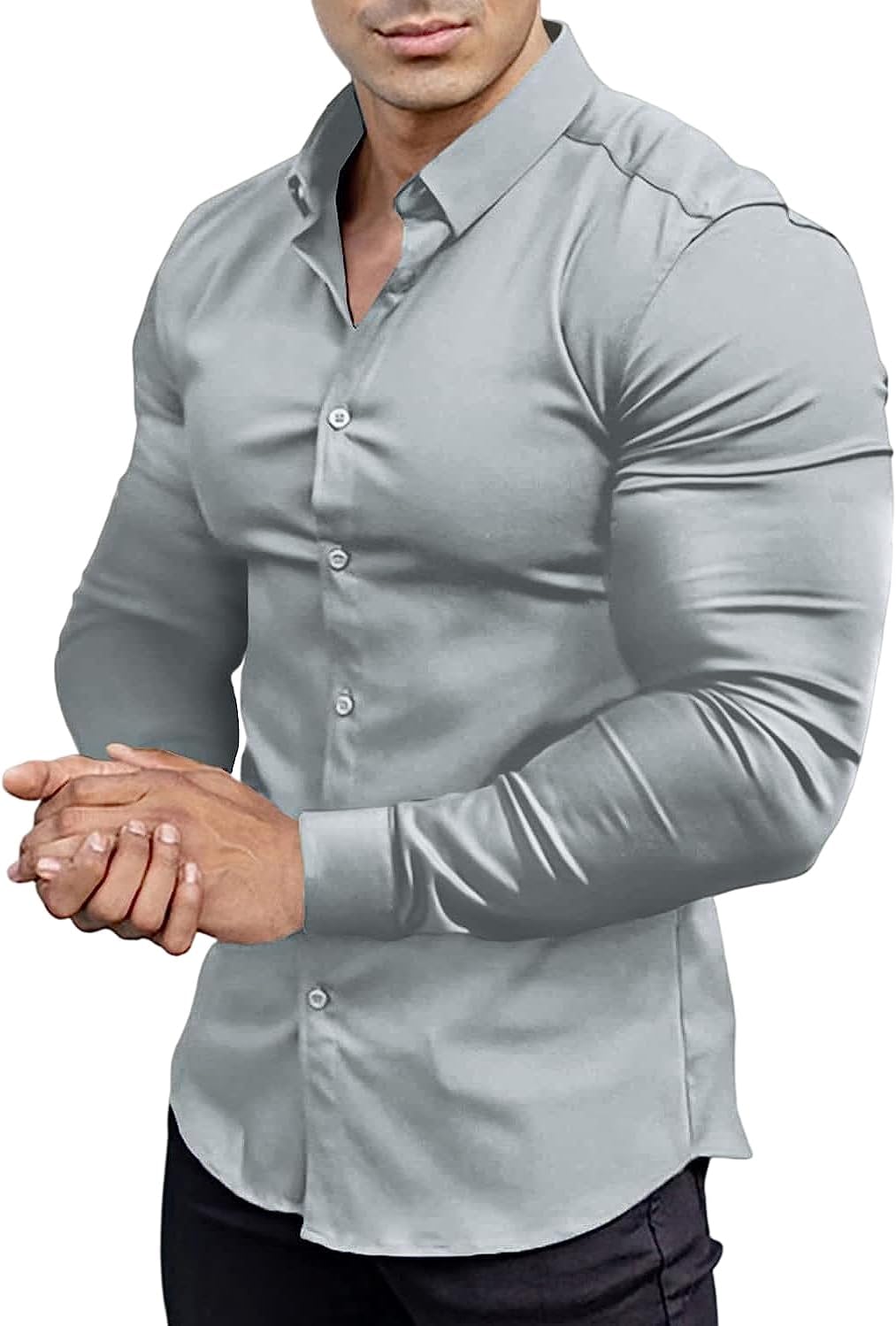 Men’s Muscle Fit Dress Shirts Athletic Slim Fit Long Sleeve Stretch Casual Button Down Shirt