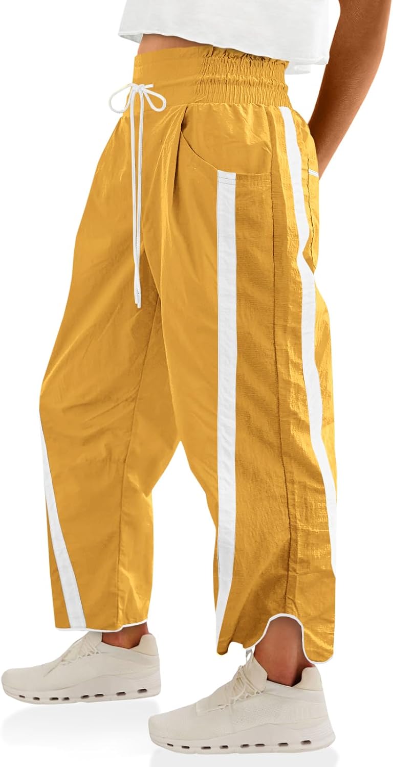 Fisoew Women's Baggy Wide Leg Pants Casual Drawstring Elastic Waisted Contrast Color Workout Y2K Track Pants