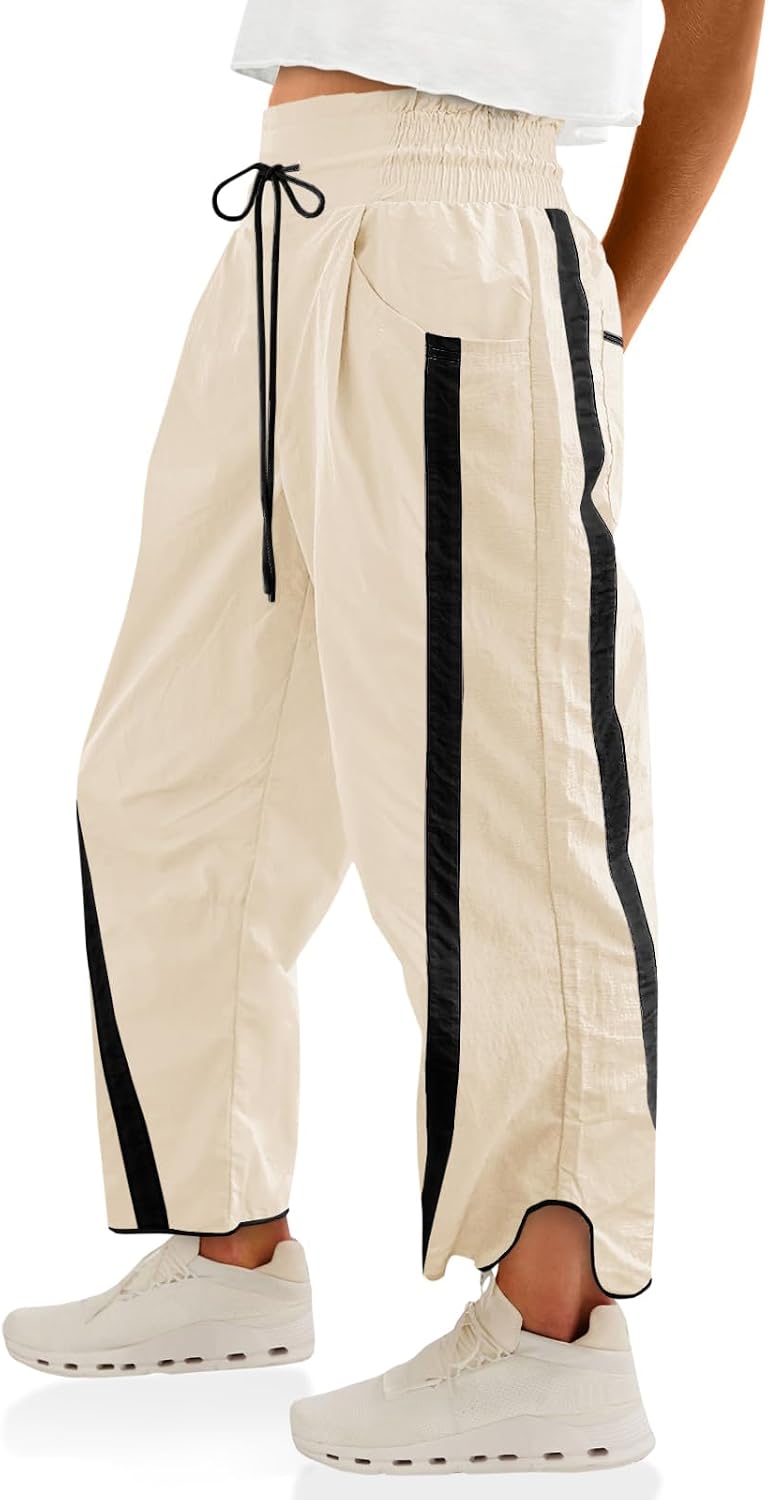 Fisoew Women's Baggy Wide Leg Pants Casual Drawstring Elastic Waisted Contrast Color Workout Y2K Track Pants
