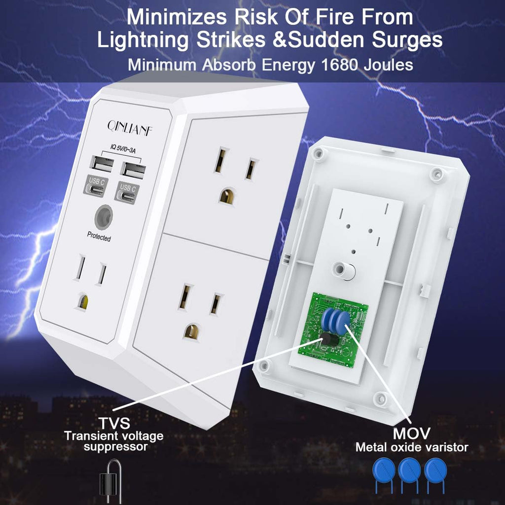 Wall Charger, Surge Protector, QINLIANF 5 Outlet Extender with 4 USB Ports