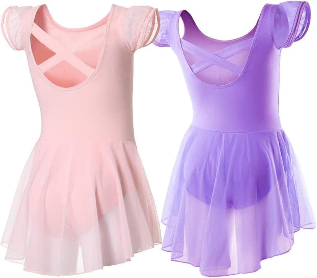 DIPUG Ballet Leotards for Girls Ballet Leotard with Skirt Toddler Dance Leotards Flutter Sleeve and Criss-Cross Back