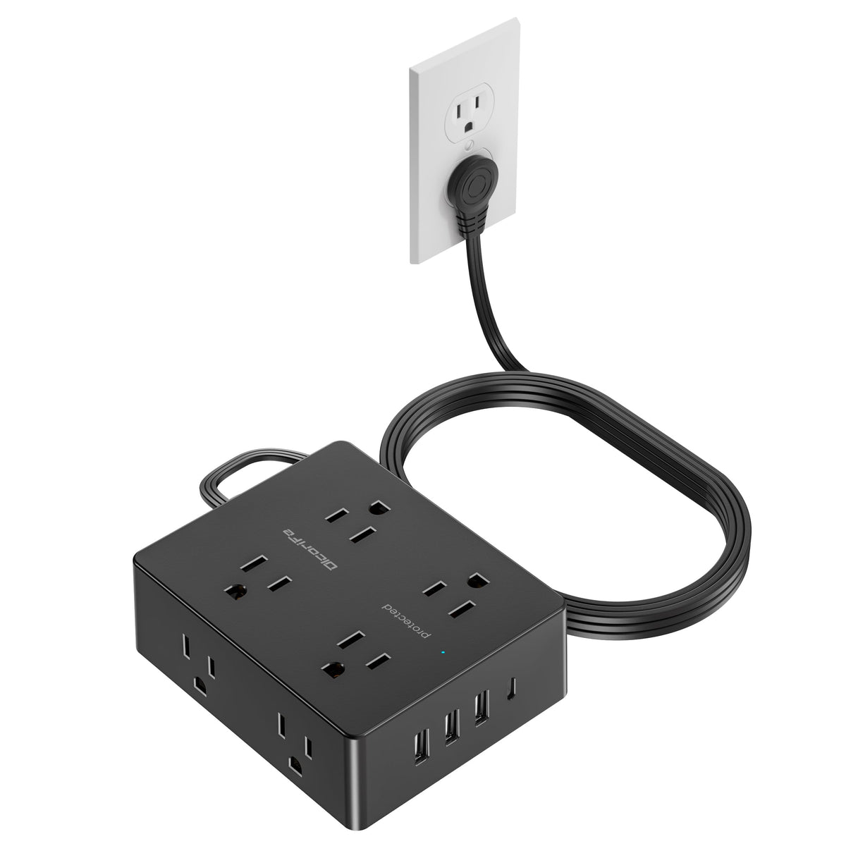 Olcorife Flat Plug Power Strip with 10 FT Extension Cord, 8 Outlets 4 USB Ports(1 USB C), 3 Sided Outlet Extender for Home Office Travel Dorm Room Essentials, White